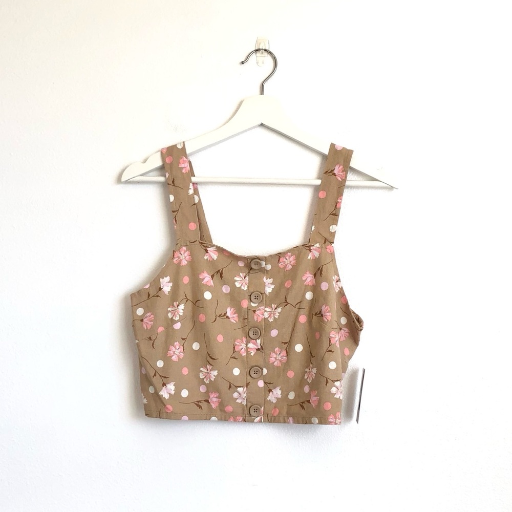 NWT bp Tan / Pink Floral Linen Blend Smocked Back Crop Top Size Medium